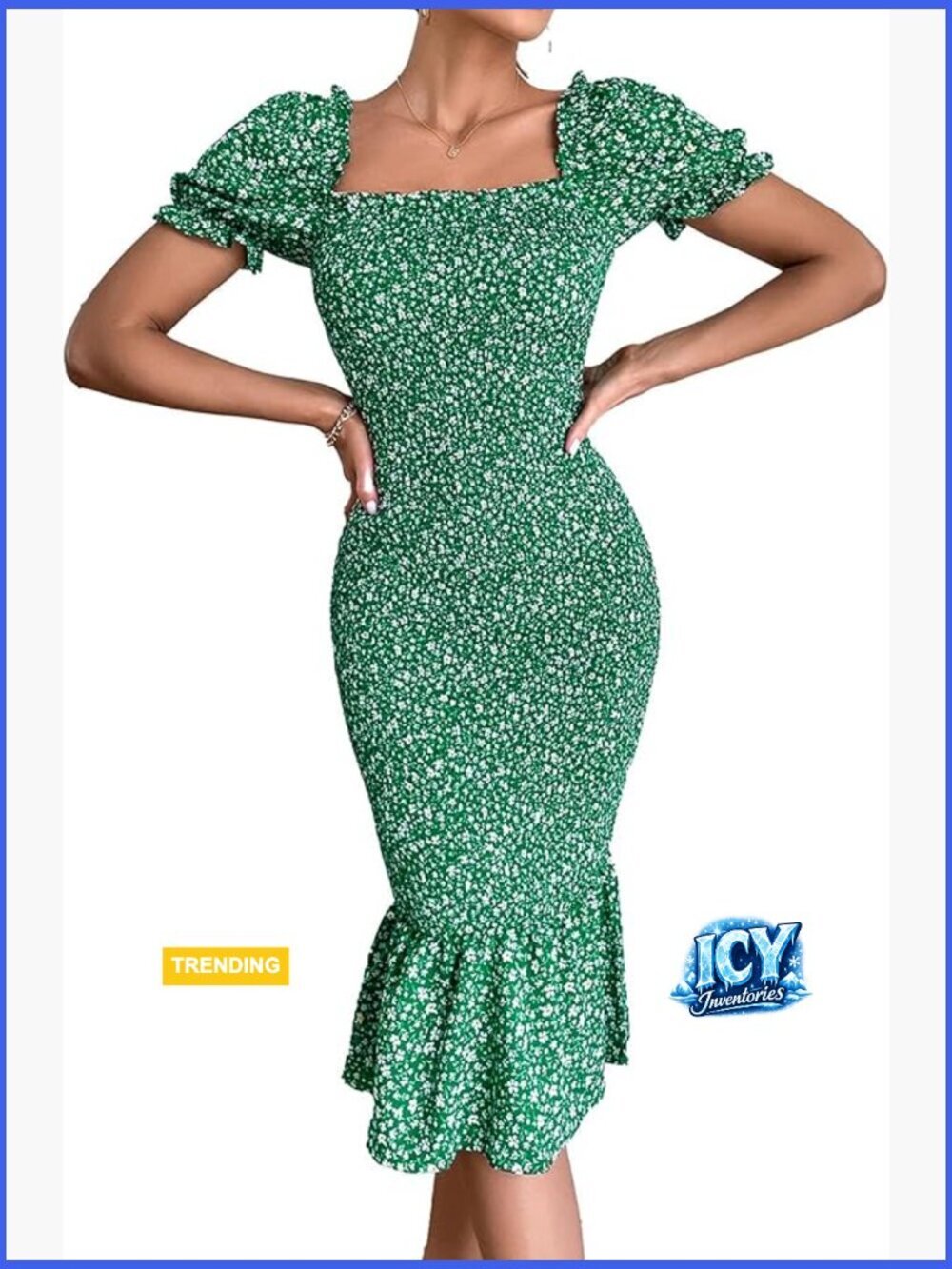Floral Midi Bodycon Dress with Puff Sleeves, Square Neck, Backless